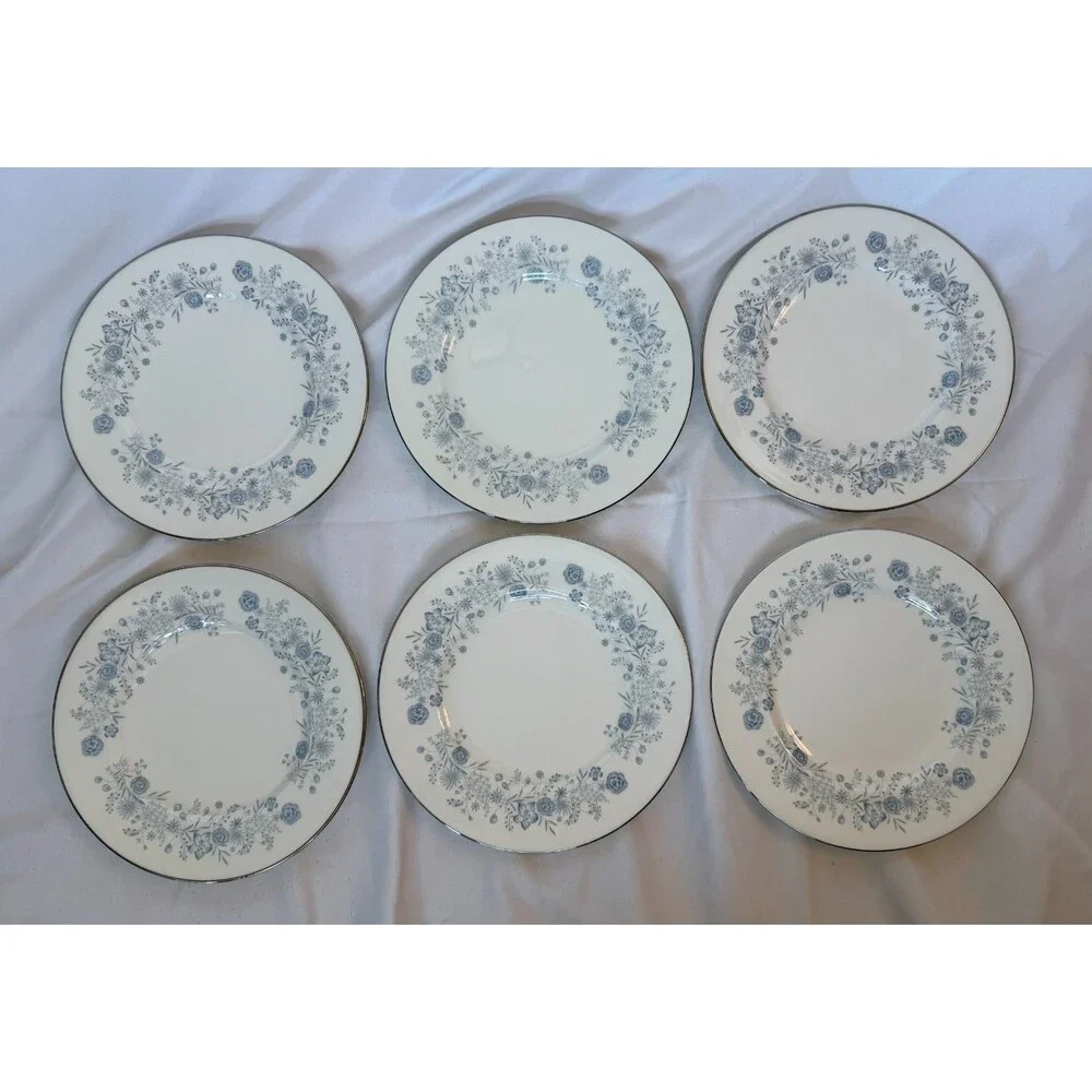 Wedgwood Blue Garland 8” Salad Plates Set of 6 Bone China England Silver Trim